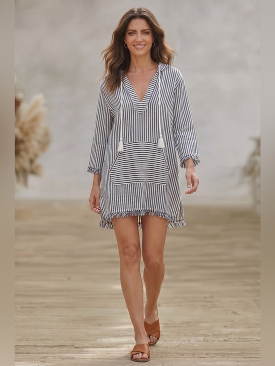 Tommy Bahama Other - Tommy Bahama Hooded Striped Cover Up Tunic Dress XS Blue White 100% Cotton